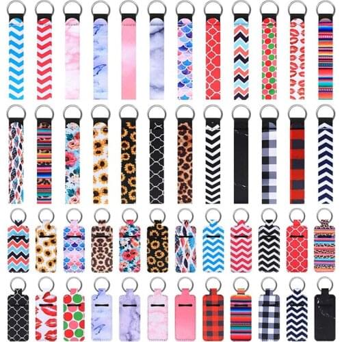 100Set Rainbow Leopard Marbling Chapstick Holder Keychain with Wristlet Lanyard Neoprene Lipstick Holder Keychain Party Gift
