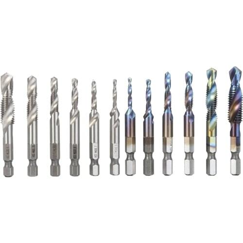 12Pcs Screw Thread Tap Drill Bits Titanium Plated Taps Metric Combination Bit Hex Quick Change Compound Taps