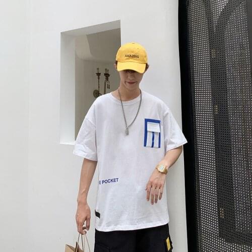 2021 Sleeve Pockets Print Color Block Patchwork Tshirts Streetwear Hip Hop Harajuku Casual Short Sleeve Tees Shirts Men Tops