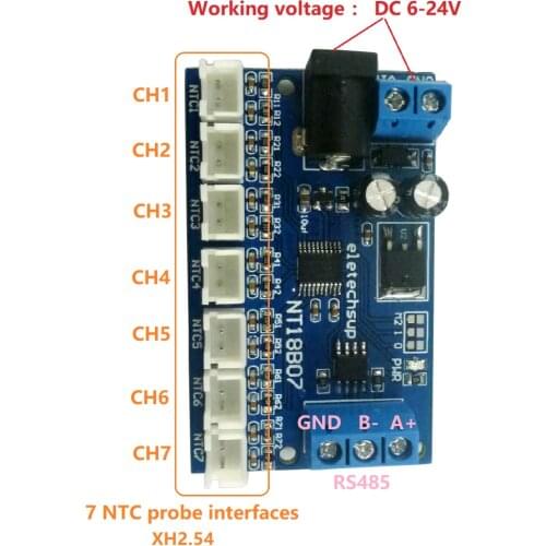 7channel 12V RS485 NTC Thermistor Temperature Sensor Modbus Rtu Remote acquisition monitor board B3950 10K 1