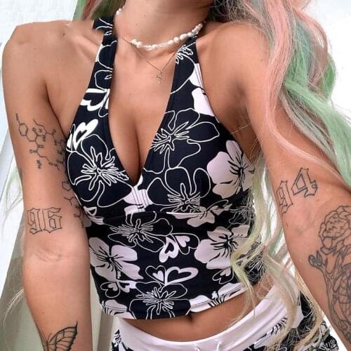 Floral Halter Top Y2K Crop Top Aesthetic Vintage Backless Sexy Corset Top Female Summer Beach Holiday Party Camis Vest