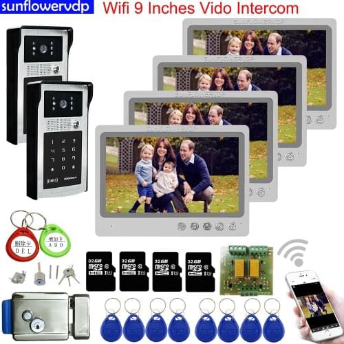 Intercom With Camera 4 Monitors Wifi 9 " Video Intercom 32GB SD Card Intercom For Home Rfid Code Unlock + Electronic Door Lock