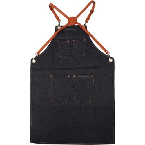 Denim Bib Apron Leather Strap Barista Baker Work Uniform Bartender Bbq Chef Cook