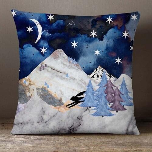 Mountain Night Moon And Stars Cushion Cover Tree Hand Painting Throw Pillow Case 45X45cm Beige Linen Sofa Decoration
