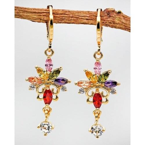 Indian Jewelry Women Dangle Earrings Vocation Bohemia Style Dangle Earrings Multiple-color Zircon Flower Gold Earrings OBS1123