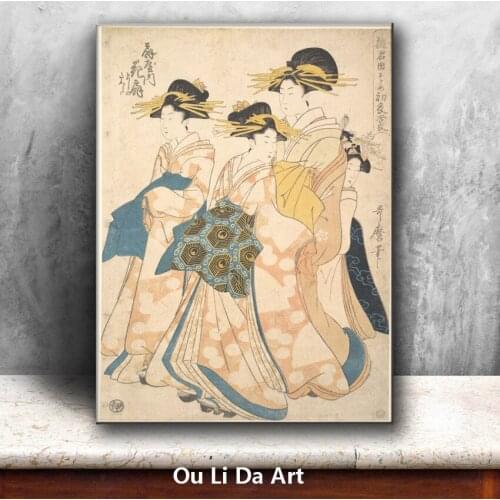 Classic Japan kimono three women scenery oil painting canvas painting printing printed on canvas wall art decoration picture