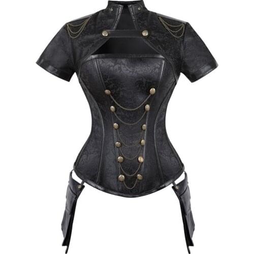 Wechery Corselet Corset Steampunk Gothic Cut Out Bustier Vintage Black Red Floral Top for Women Short Sleeve Costume Clothing