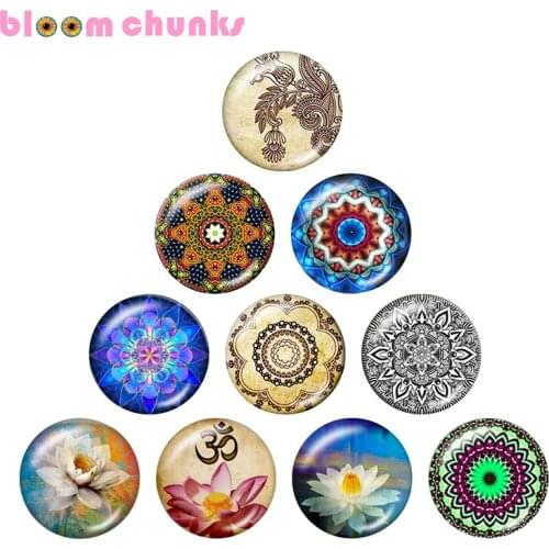 Mandala Flower yoga 12mm/18mm/20mm/25mm Round glass cabochon flat back Making snap button jewelry S2849