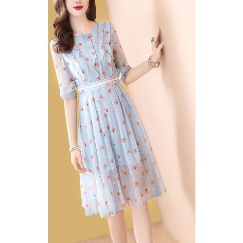 Summer Chiffon Fairy Party Dresses O-Neck A-Line Ladies Casual Dresses 2020 Female Floral Sweet Printed Dress Vestidos