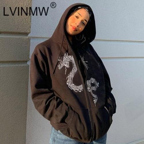 LVINMW Hoodies Dragon Diamonds Vintage Casual Hooded Cardigan Zip Up Long Sleeve Loose Autumn Tops Pockets Fashion Streetwear