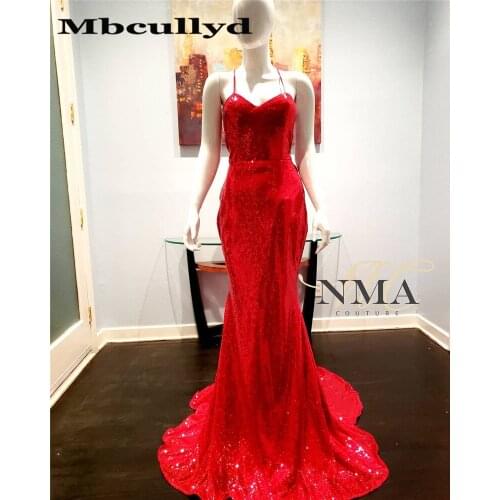 Mbcully Sexy Halter Mermaid Sparkly Red Sequin Black Girl Prom Dresses 2020 Long African Women Formal Dress Evening Party Gowns