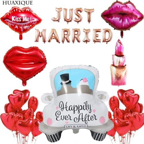 Just Married Happy Wedding Cars Foil Ballon KISS ME Red Lips Lipstick Balloon Wedding Valentines Day Marriage Room Party Decor