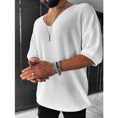 Men Summer Short Sleeve Casual Knit Solid Sweater 2021 Autumn V-neck Loose Sweaters Jumper Male Fashion Tops Pullover Streetwear