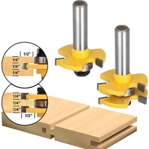 Tongue and Groove Router Bit Set, Wood Door Flooring 3 Teeth Adjustable, 1/2 1/4 Shank T Shape Milling Cutter Woodworking Tool