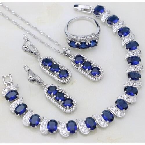 Silver 925 Jewelry Sets Blue Stones White Cubic Zirconia For Women Bracelets/Necklace/Pendant/Earrings/Ring Party Jewellery Sets