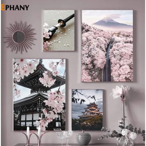Nagoya Samurai Sakura Canvas Painting Fuji Mountain Japan Wall Art Nordic Nature Landscape Posters and Prints for Dorm Pictures