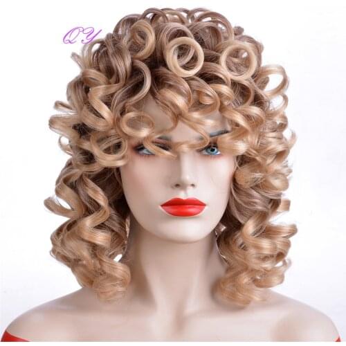 QY Synthetic Hair Middle Length Ombre Blonde Wigs With Bangs Loose Wave Wigs For Women Synthetic Fluffy Hair