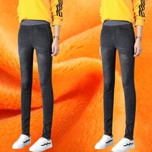 High Waist Elastic Middle Aged Mother Stretch Pants Plus Size 36 38 Women Winter Warm Skinny Jeans Pants Velvet Thick Trousers
