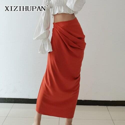 XIZIHUPAN Minimalist Fold Pleated High-waisted Skirt For Women Casual Zipper Midi Skirts Females 2021 Autumn Fashion Clothing