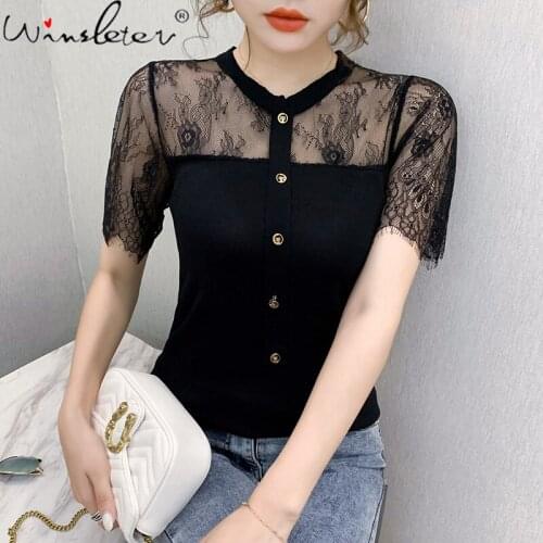 Summer European Clothes Thin Knit T-Shirt Fashion Sexy Patchwork Lace Pullover Button Women Tops Short Sleeve Tees 2021 T13413A