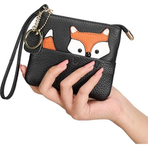 Genuine Leather Womans Short Wallets Girl Cute Mini Zipper Coin Purse Slim Creative Cartoon Key Chain Pocket