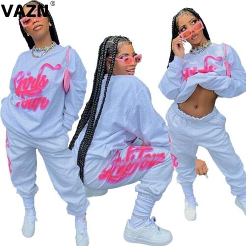 VAZN 2020 Hot Sport Running Women Holiday Shinny Letter Outfit Two Pieces Set Full Sleeve V-neck Full Pant Sets