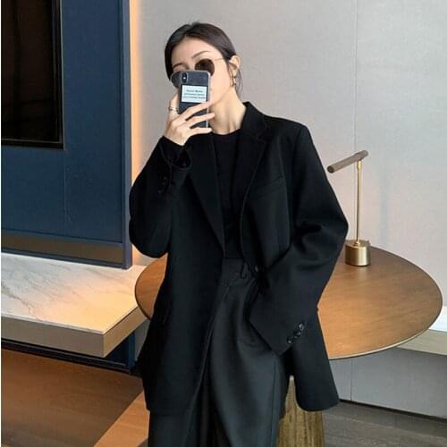 2021 Spring Autumn Korea Fashion Women Long Sleeve Notched Collar Black Blazers Loose Casual Single Breasted Blazer Coat V457