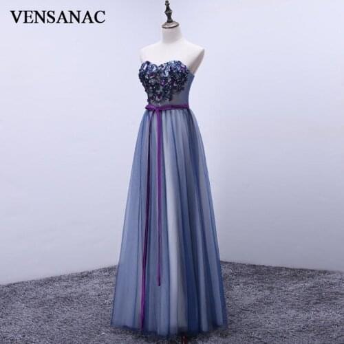 VENSANAC 2018 Crystal Strapless Lace Flowers A Line Long Evening Dresses Party Appliques Sash Backless Prom Gowns