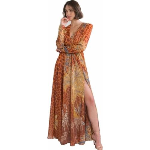 STYLISH LADY High Split Printed Beach Dress 2021 Summer Women Long Sleeve V Neck Big Swing Club Party Long Maxi Boho Dress