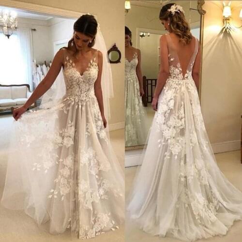 2021 New Wedding Dress Sexy V Neck Light Simple Lace Bride Applique Vestidos De Noiva