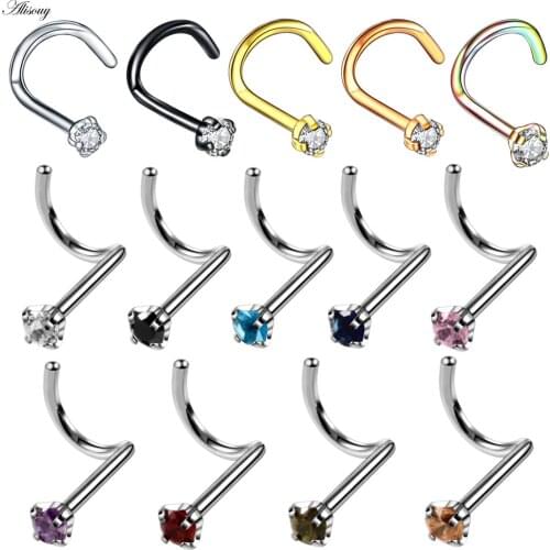 Alisouy 1PC Stainless Steel Nose Rings Studs Piercing Crystal Nariz Piercing Jewelry Twist Nose Stud Bone Girls 20g body jewelry
