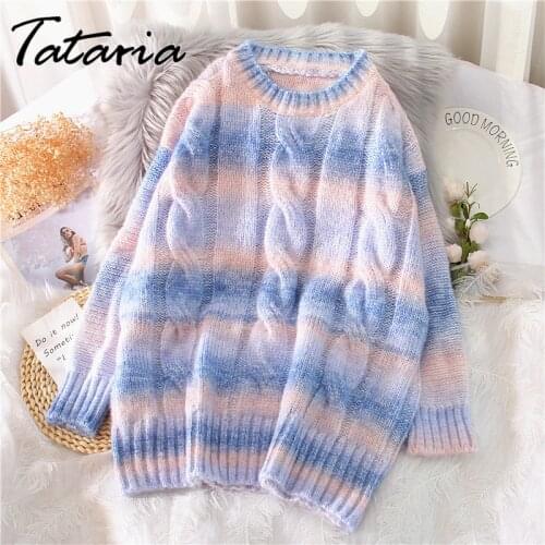 2021 Autumn Winter Rainbow Sweater for Women Casual Sweet Stripe Thiken Twist Knitted Top Girls O Neck Pullovers Sweaters Jumper