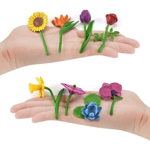 8Pcs/set Simulation Plant Model Fresh Flowers Rose Phalaenopsis Daffodil Tulip Lotus Sunflower PVC Action Figure Kids Toys Gifts