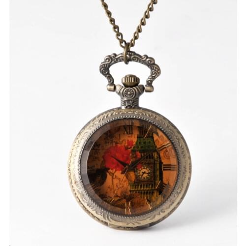 8848Trend retro brown glass Roman numerals inside color Big Ben clock pattern Chic pointer quartz pocket watch