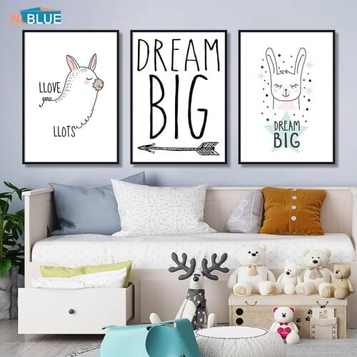 Alpaca Dream Big Nordic Cartoon Animal Poster Prints Nursery Wall Art Canvas Painting Cute Children Wall Pictures For Kids Room