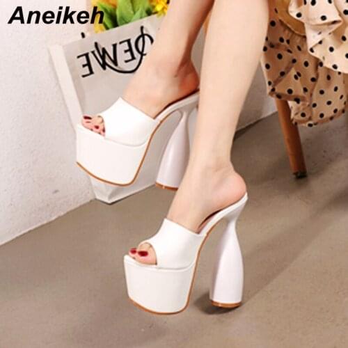 Aneikeh Size 34-40 2021 New Shallow 17.5CM Round Heels Summer Women Slipper Fashion Open Toe Sandal Platform Heigh Slip-On PU