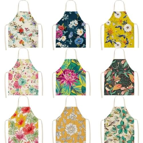 Summer Flower Printed Women Kitchen Aprons Waterproof Cooking oil-proof Cotton Linen Antifouling Chef Apron Cleaning 68*55cm 129