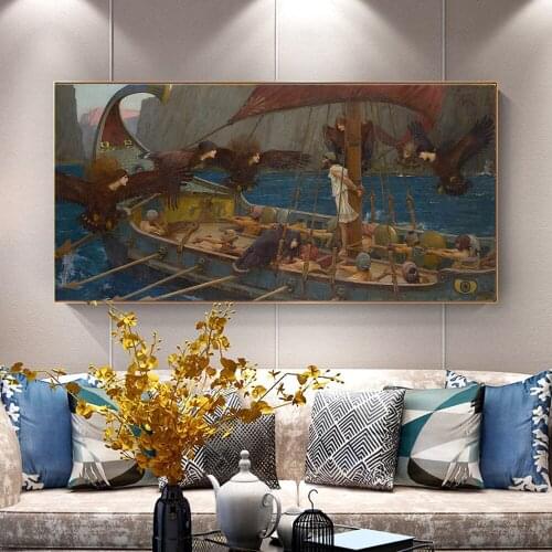 Holover Canvas Oil Painting Aesthetic Home Decoration Romanticism William Waterhouse"Ulysses and the Sirens"Wall Art Poster