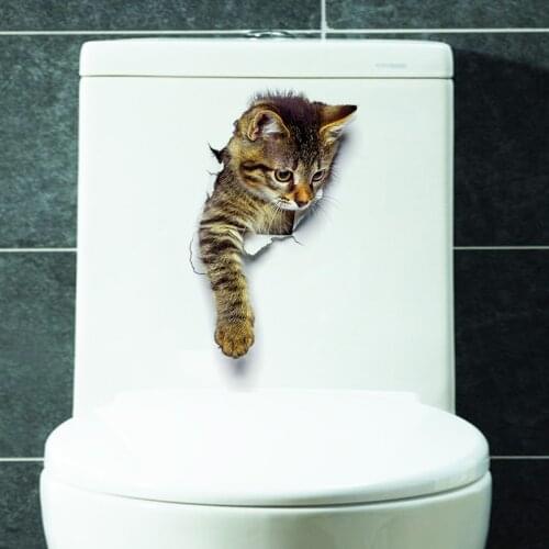 Cat Dog Vivid 3D Smashed Wall Sticker Bathroom Vinyl Waterproof Toilet Stickers PVC Mural Art Poster Wallpaper Removable Decals