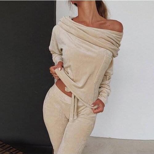 Sweatshirt Women Sexy 2 Pieces Set Tracksuit Autumn One Shoulder Sweatshirt Pants Sets Sport Wear Tracksuit Velvet Lounge Suit