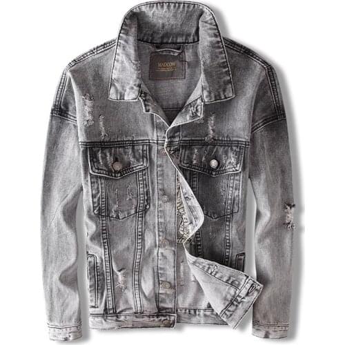 Spring Fashion Streetwear Mens Denim Jacket Embroidery Tiger Pattern Ripped Smoke Gray Hip Hop Coats Punk Style Denim Outwear