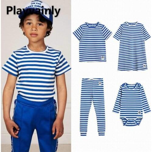 Summer Cotton Boy Girl T-shirts 2021 navy style blue stripes Short Sleeve T-shirts Baby Clothes 1-7Y E10025