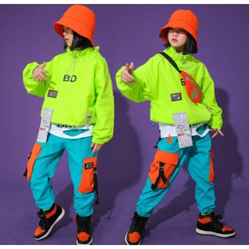 Teen Girls Boys Hip Hop Clothes Fluorescent Green Crop Jacket Haren Pants Jazz Dance Costumes Ballroom Street Dance Outfits