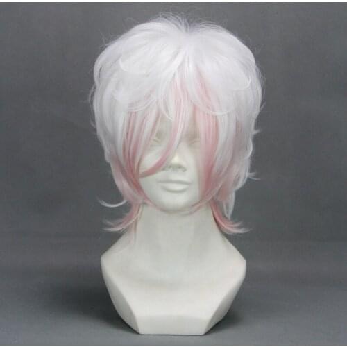 Diabolik Lovers Sakamaki Subaru Short Curly White Pink Cosplay Wig Heat Resistant Synthetic Hair Cos Wigs + Wig Cap