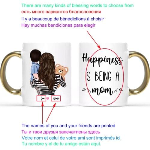 Personalized Coffee Mug Family Mom and Son cup Creative DIY mug Gold handle Happiness Is Being A Mom Gift Mugs Cups
