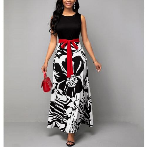 Summer Dress Women Sexy Sleeveless Print Long Party Dress Casual Slim Patchwork Ball Gown Maxi Dresses With Belt Plus Size 5XL