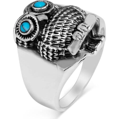 Animal Owl Silver Ring With Turquoise Stone Vintage Men Silver Ring Made In Turkey Solid 925 Sterling Silver