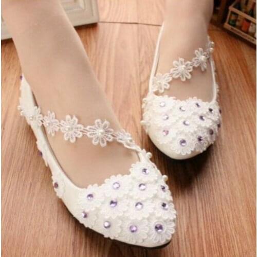 Flats wedding shoes white lace silver rhinestones sweet handmade lace flower brides bridal bridesmaids wedding shoes