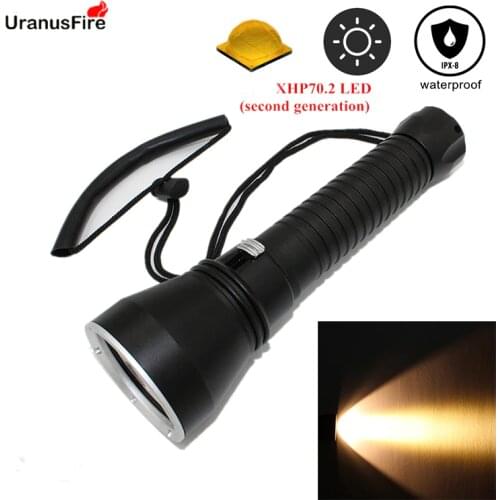 Yellow light XHP70.2 LED dive light 4000 lumen diving flashlight 26650 torch underwater tactical hunting flashlight
