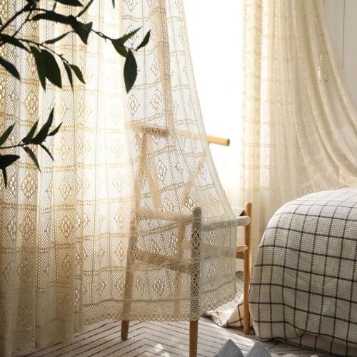 Hand Crochet Tulle Curtains for Living Room Bedroom Cotton Lace Buckle Curtains Home Hotel Decor Jacquard Floral Sheer Curtains